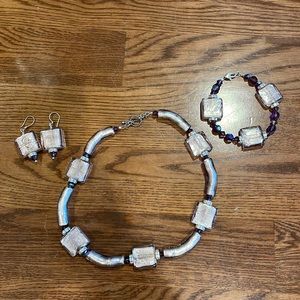 Handmade purple necklace, bracelet, and hanging earring set